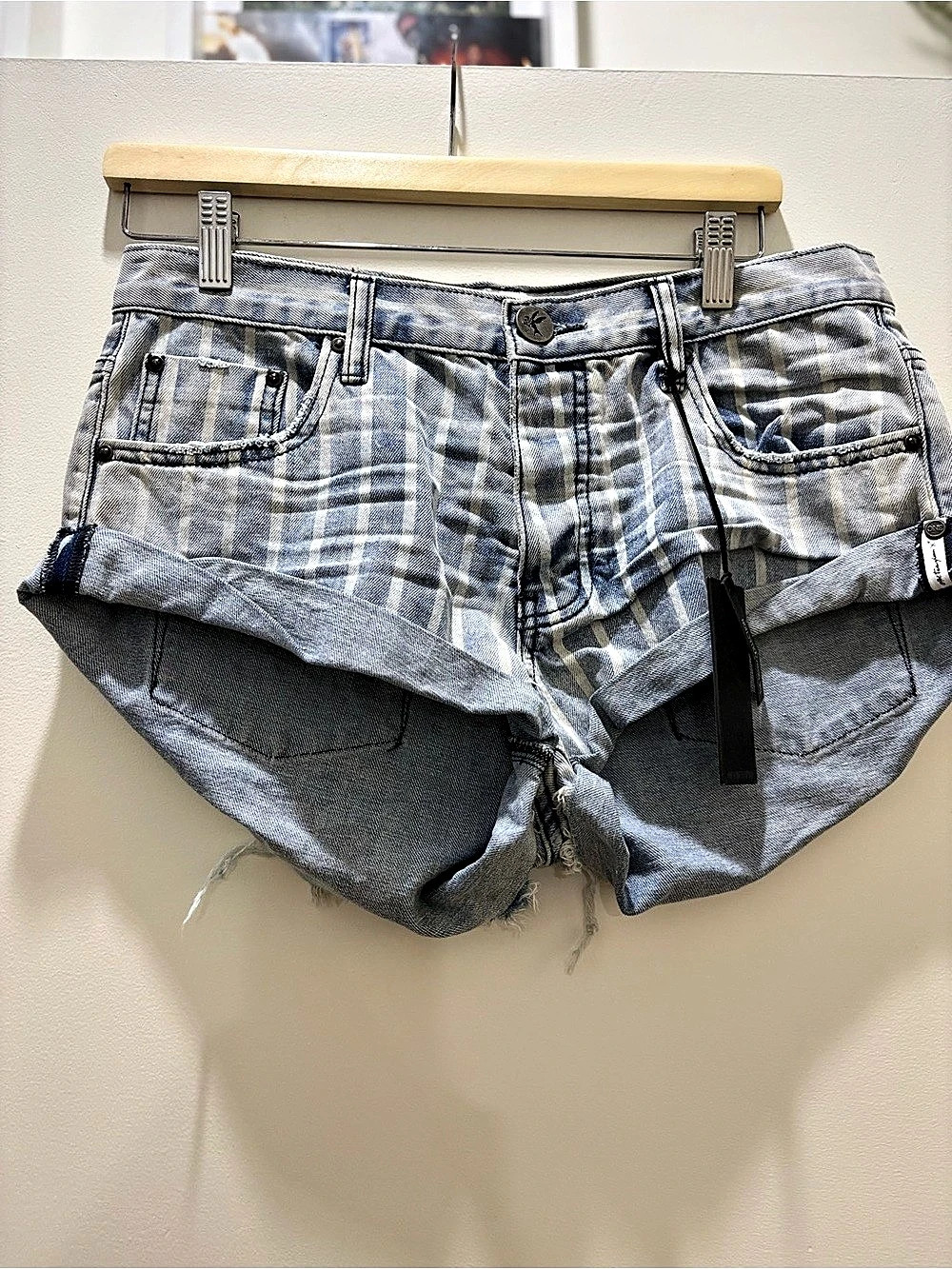 One Teaspoon Stripe Bandits Low Waist Denim Shorts Blue & White